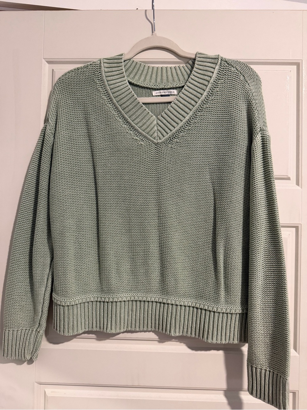 American Eagle V-Neck Knit Sweater in Sage Green
